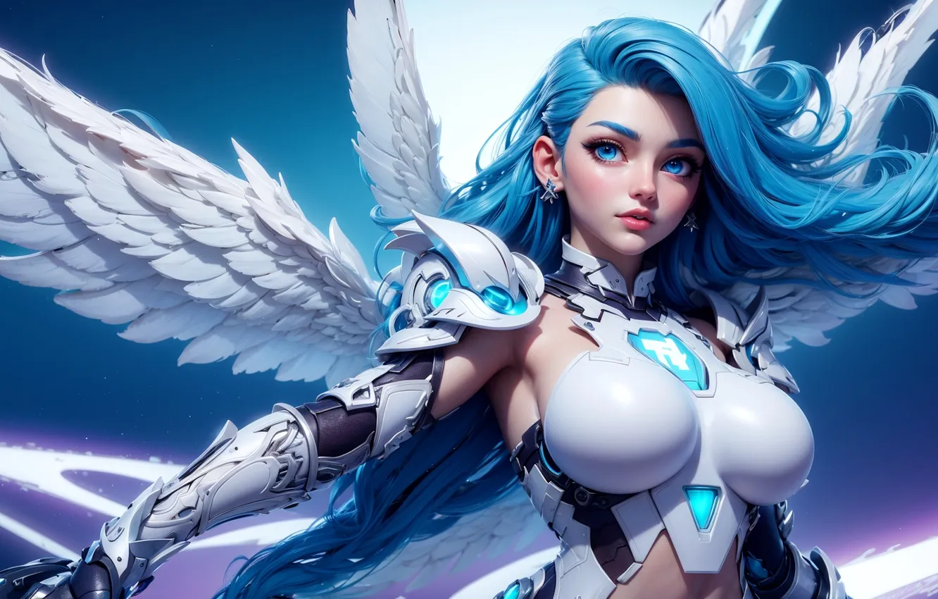 Photo wallpaper girl, fantasy, armor, science fiction, wings, blue eyes, Neon, sci-fi