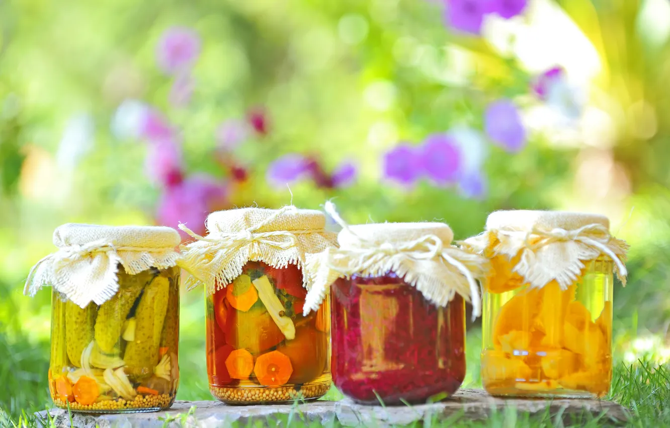 Photo wallpaper table, jars, carrots, bokeh, pickles, pickles