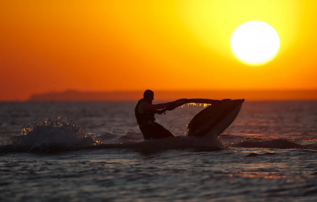 Photo wallpaper sea, water, sunset, squirt, people, horizon, silhouette, jet ski