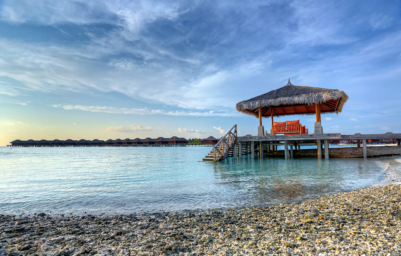 Photo wallpaper sea, beach, the sky, stay, vacation, the evening, The Maldives, Bungalow