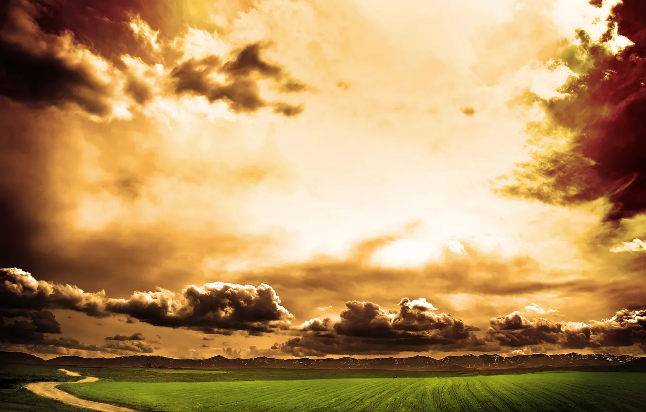 Photo wallpaper road, field, the sky, clouds, nature, the way, the way, landscapes