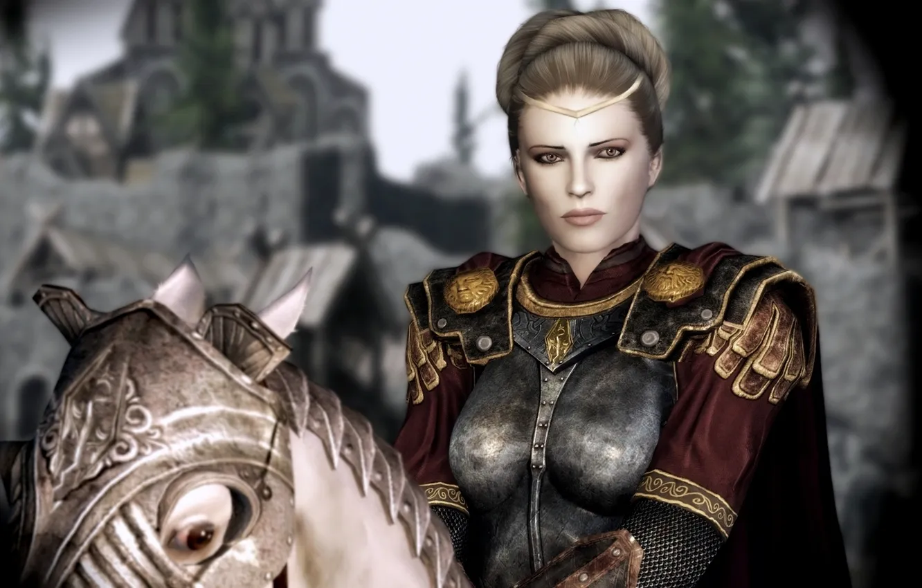 Photo wallpaper girl, the city, horse, armor, Skyrim, Chiara Avento I