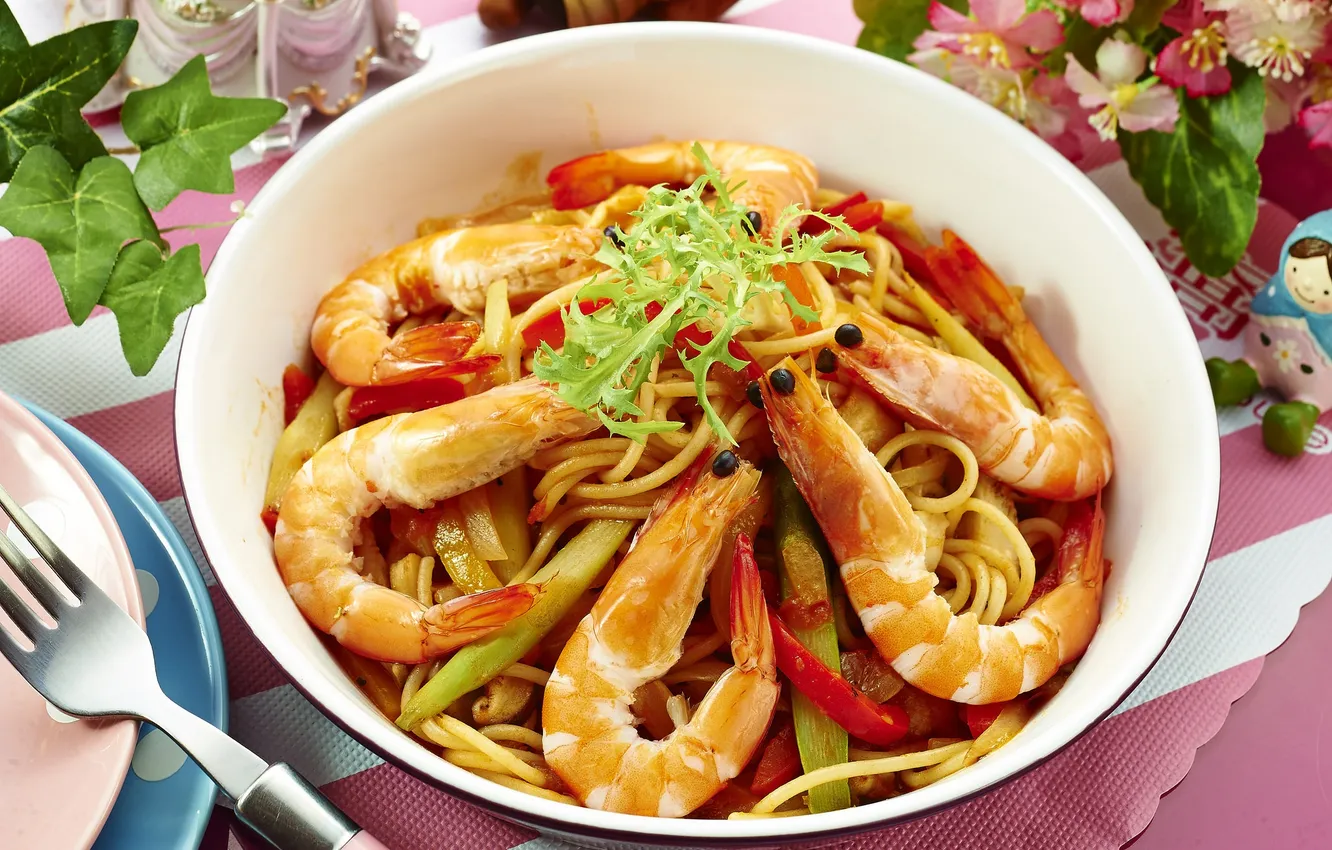 Photo wallpaper vegetables, shrimp, pasta