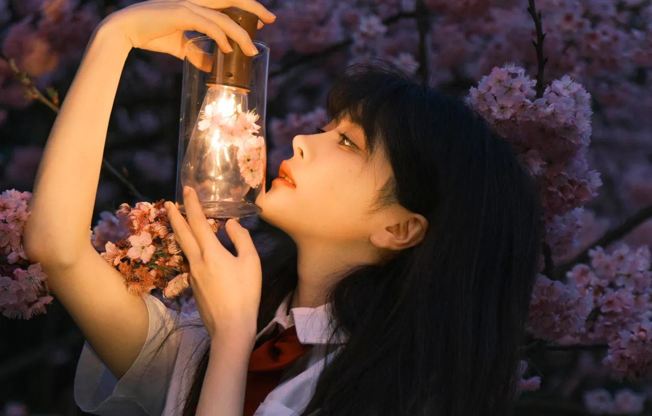 Photo wallpaper dark, light, woman, night, flowers, beautiful, model, pretty