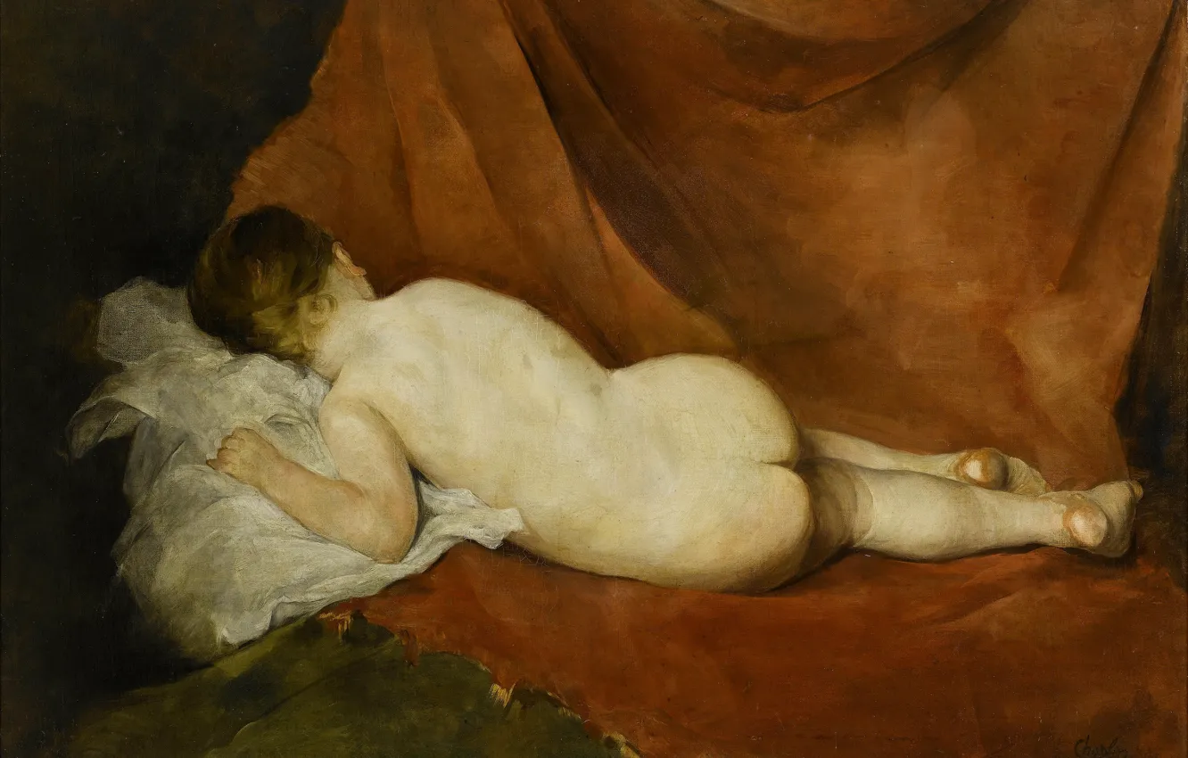 Photo wallpaper girl, pillow, brown fabric, Charles Joshua Chaplin, Reclining Nude
