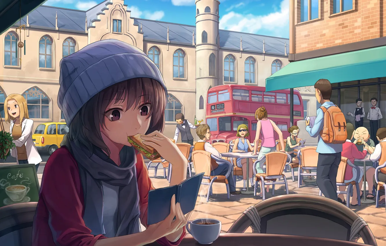 Photo wallpaper Girl, Cafe, People, Bus