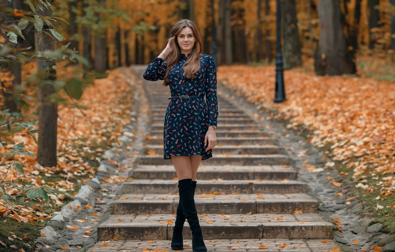 Photo wallpaper autumn, trees, smile, Park, Girl, dress, steps, legs
