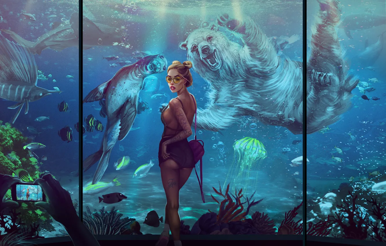 Photo wallpaper Fish, Girl, Photo, Aquarium, Medusa, Bear, Cat, Animals