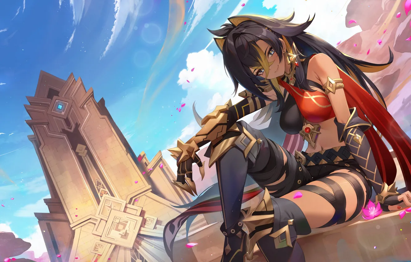 Photo wallpaper flowers, pose, smile, desert, ruins, desert, characters, Genshin Impact