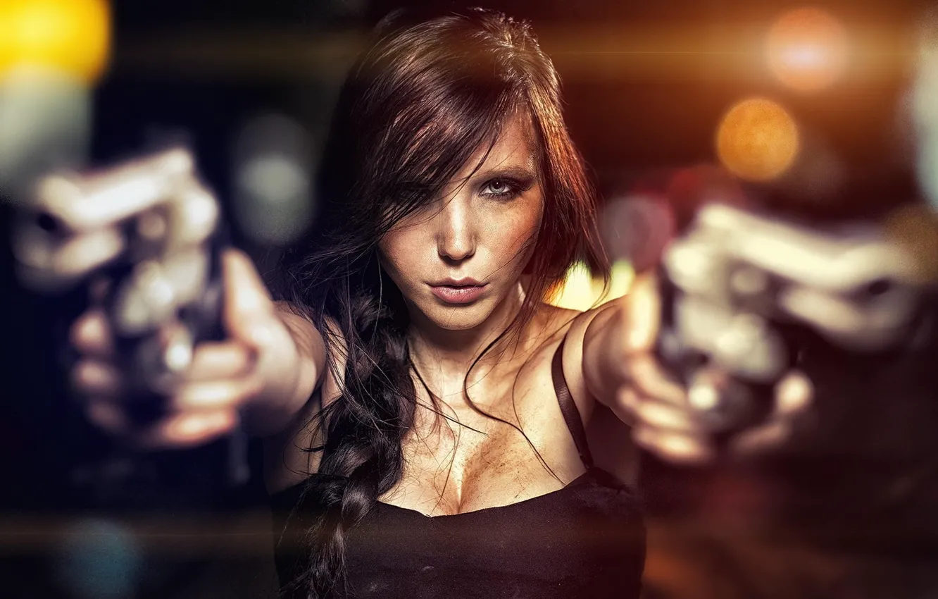 Photo wallpaper Girl, guns, pistols, woman, two, lady, pose, threat
