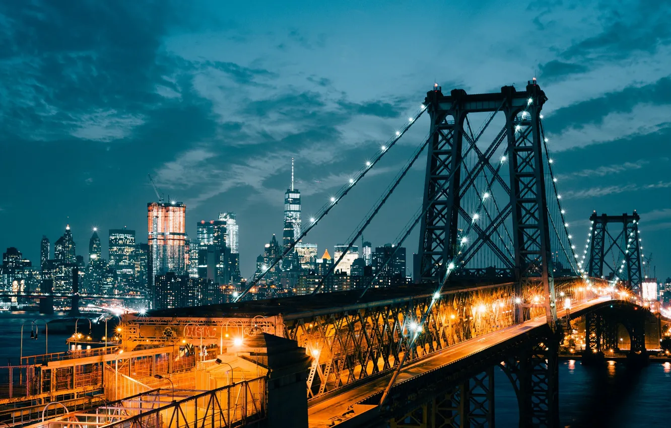 Photo wallpaper light, night, bridge, the city, lights, USA, New York