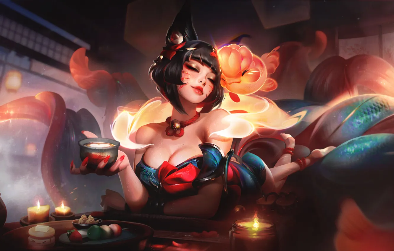 Photo wallpaper comfort, brunette, Cup, neckline, game, ears, characters, bust