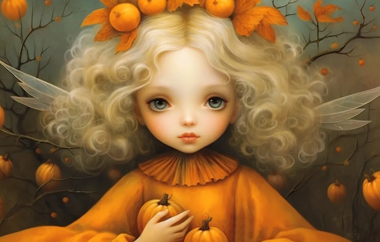 Photo wallpaper autumn, girl, fairy, girl, pumpkin, wings, AI art, neural network