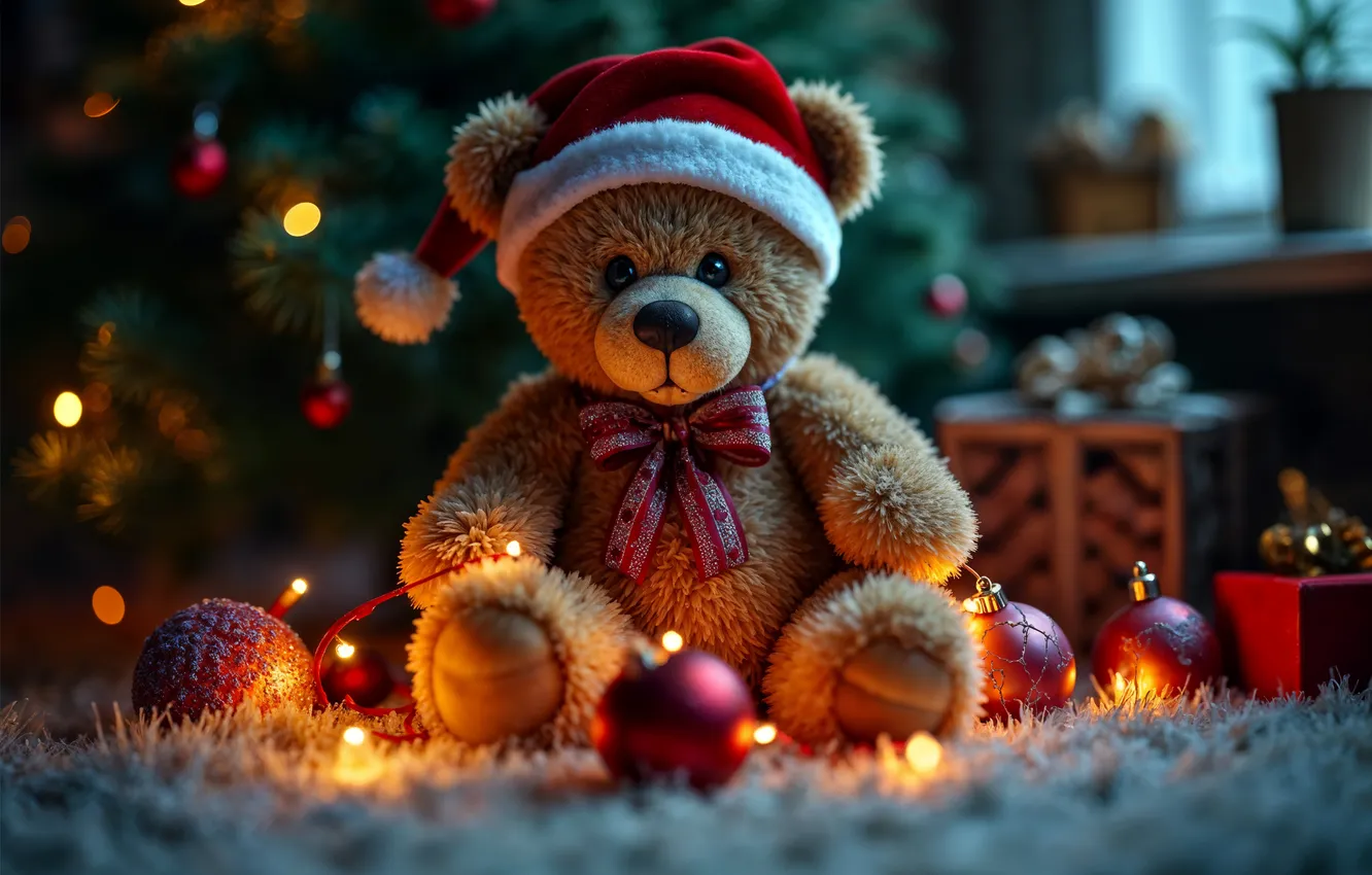 Photo wallpaper balls, light, lights, carpet, toy, bear, window, Christmas