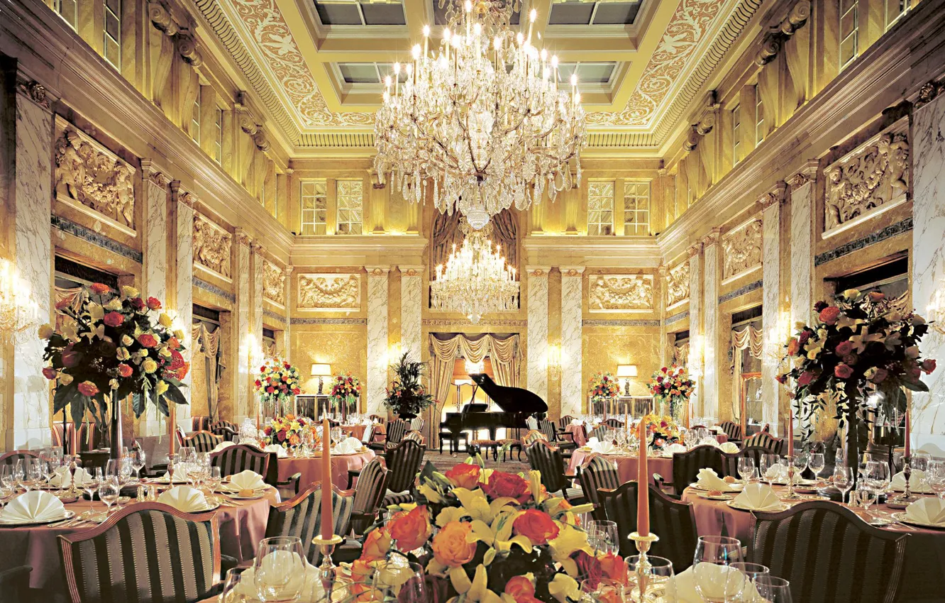 Photo wallpaper interior, bouquet, candles, piano, tables, Chandelier