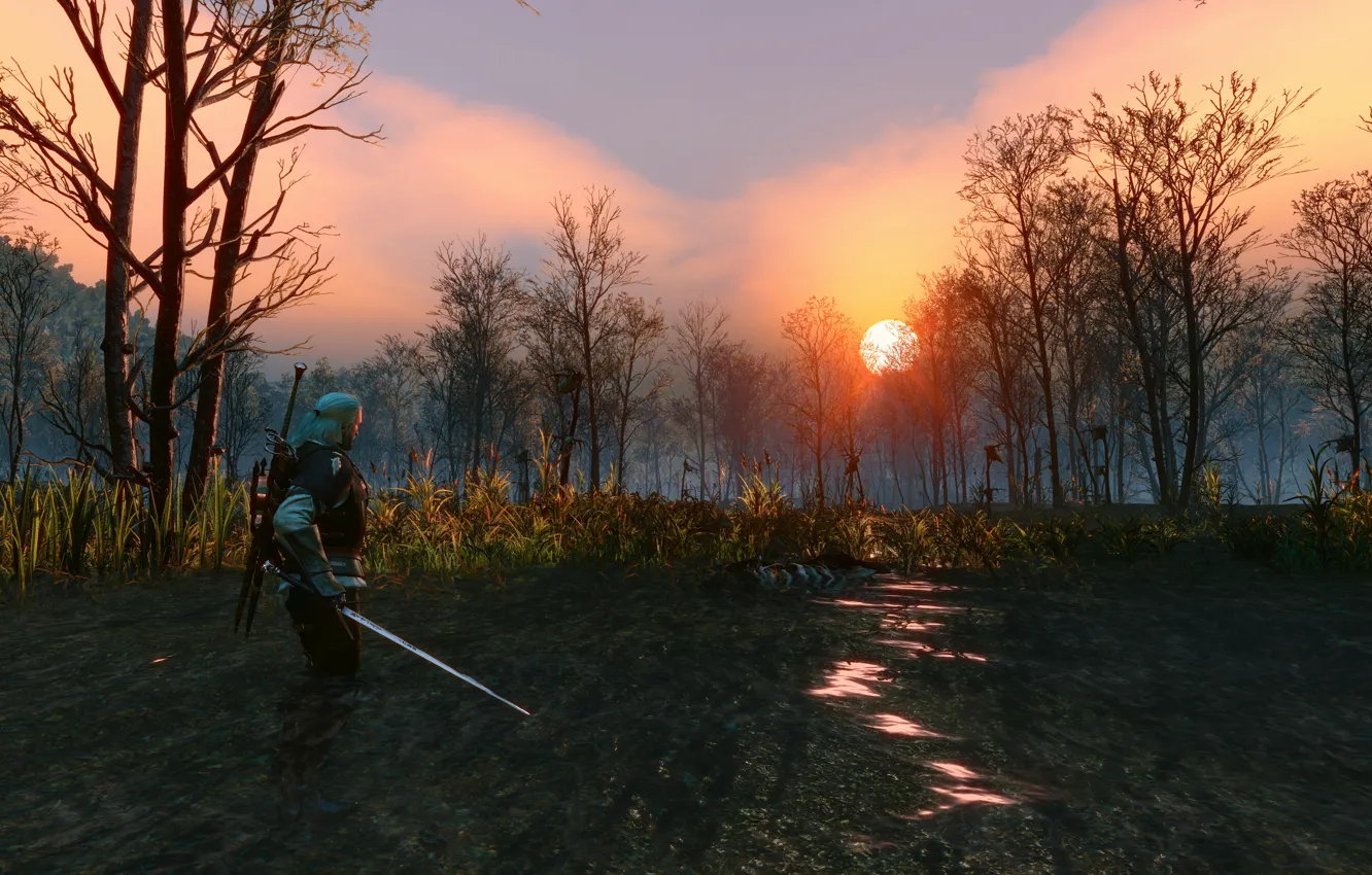 Photo wallpaper the sun, sunset, swamp, the evening, Sword, Warrior, Armor, The Witcher