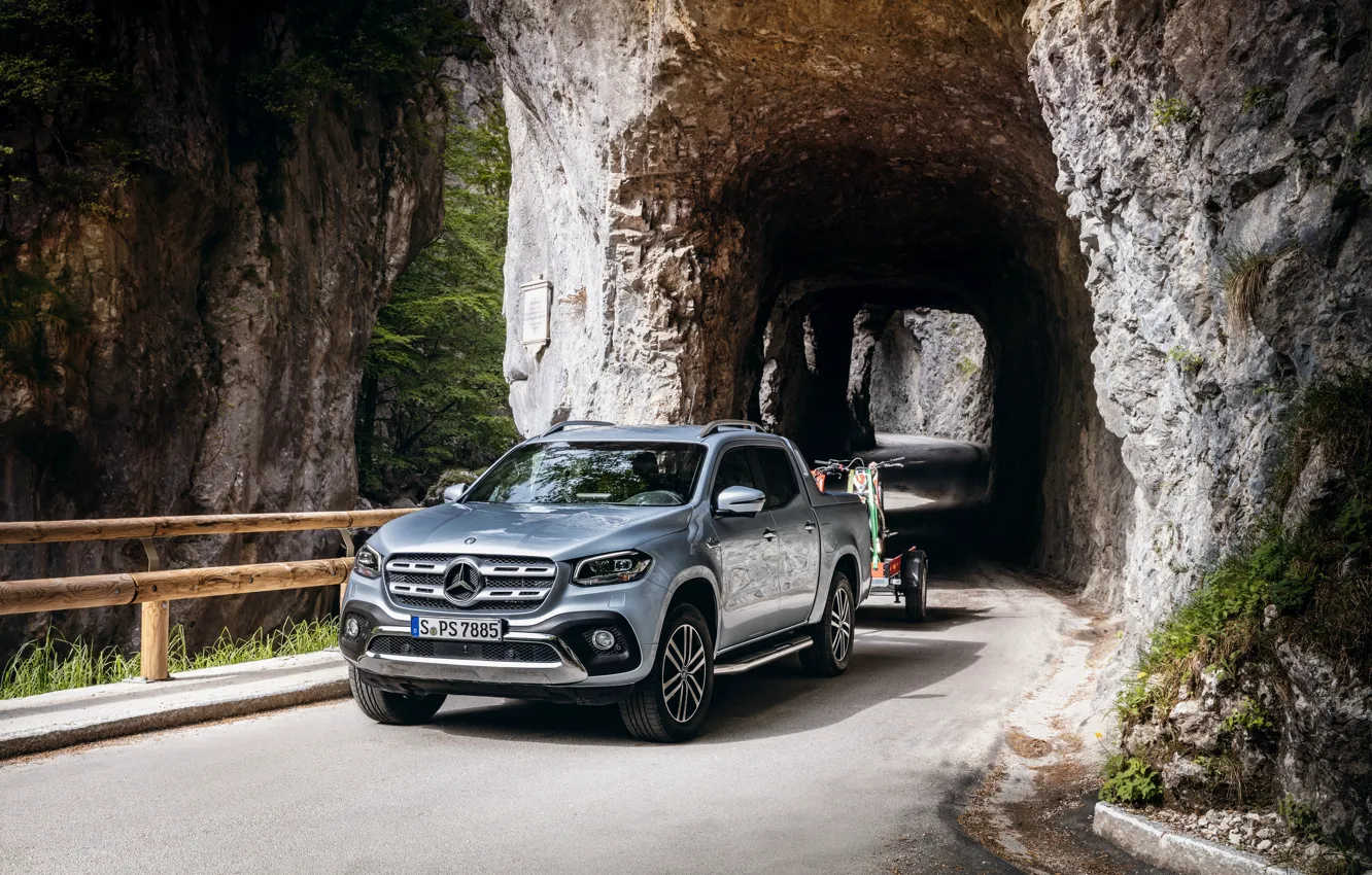 Photo wallpaper Mercedes-Benz, the tunnel, pickup, the trailer, 2018, X-Class, gray-silver