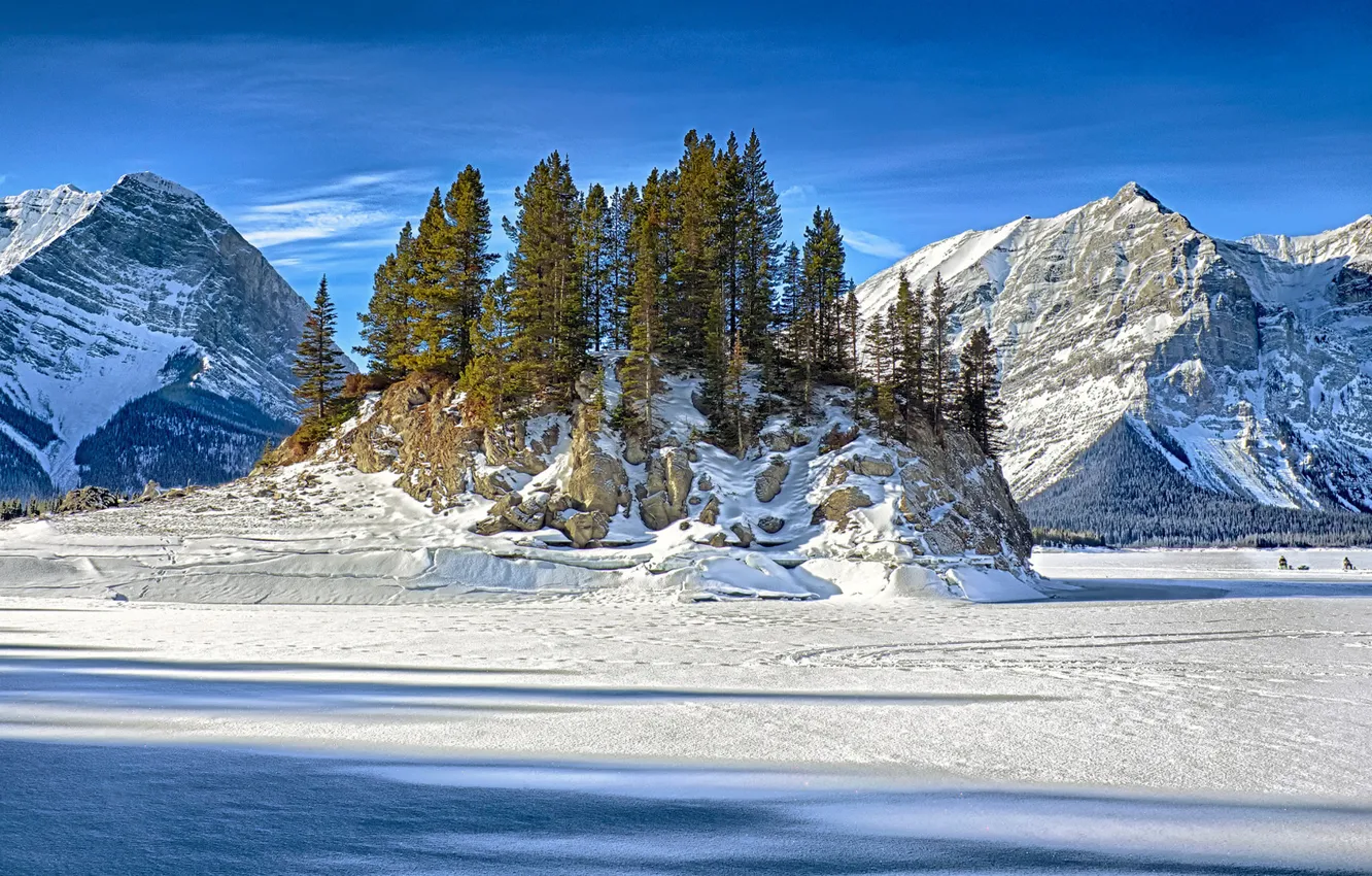 Photo wallpaper ice, winter, the sky, snow, trees, mountains, rock, lake