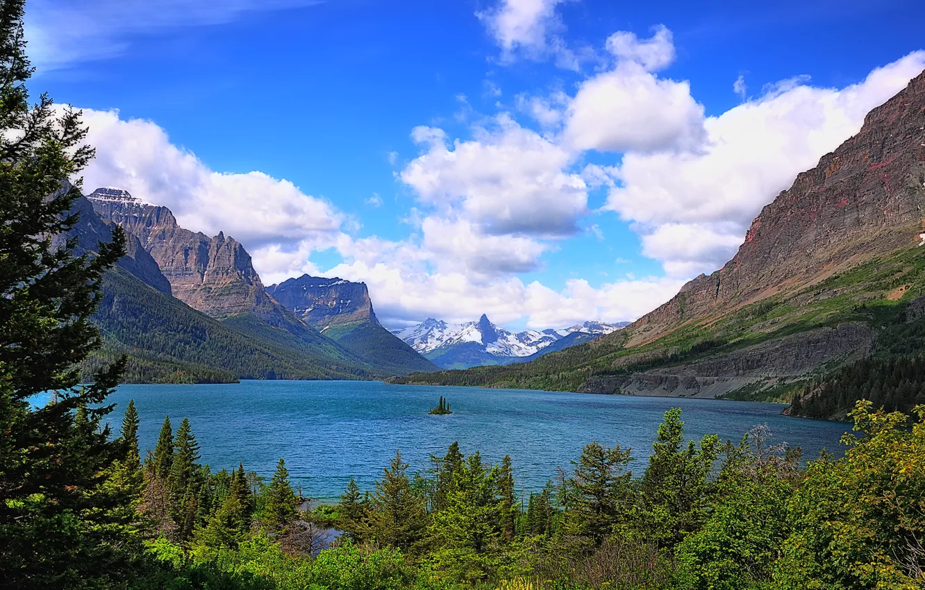 Photo wallpaper the sky, trees, mountains, lake, island