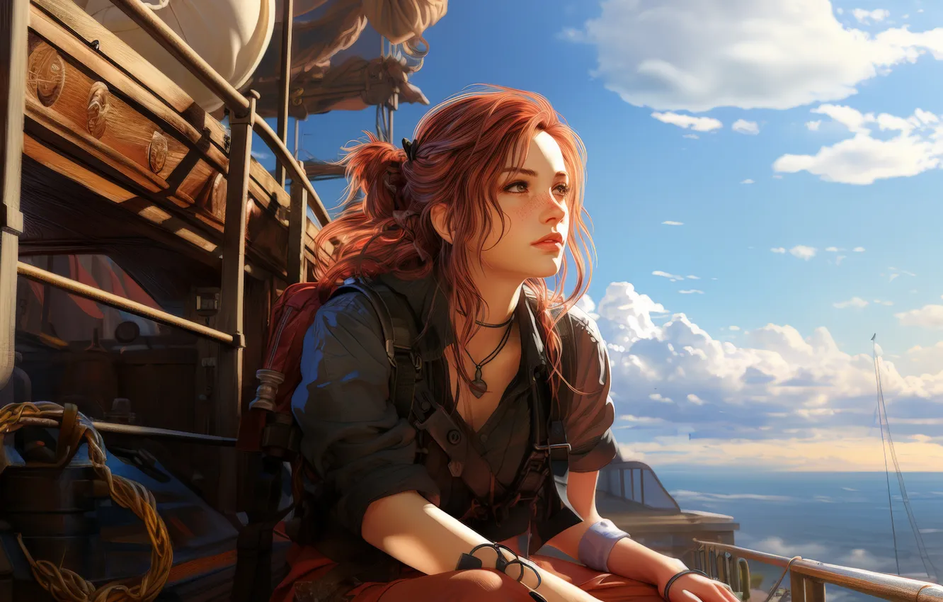 Photo wallpaper girl, clouds, ship, pirates, digital art, AI art, The Art of Artificial Intelligence, neural network