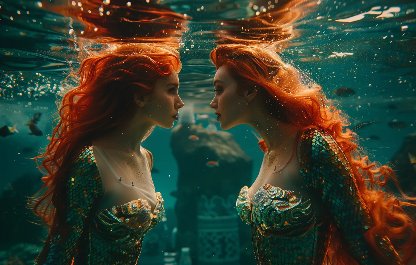 Photo wallpaper girl, hair, mermaid, two, underwater world, digital art, AI art, The Art of Artificial Intelligence