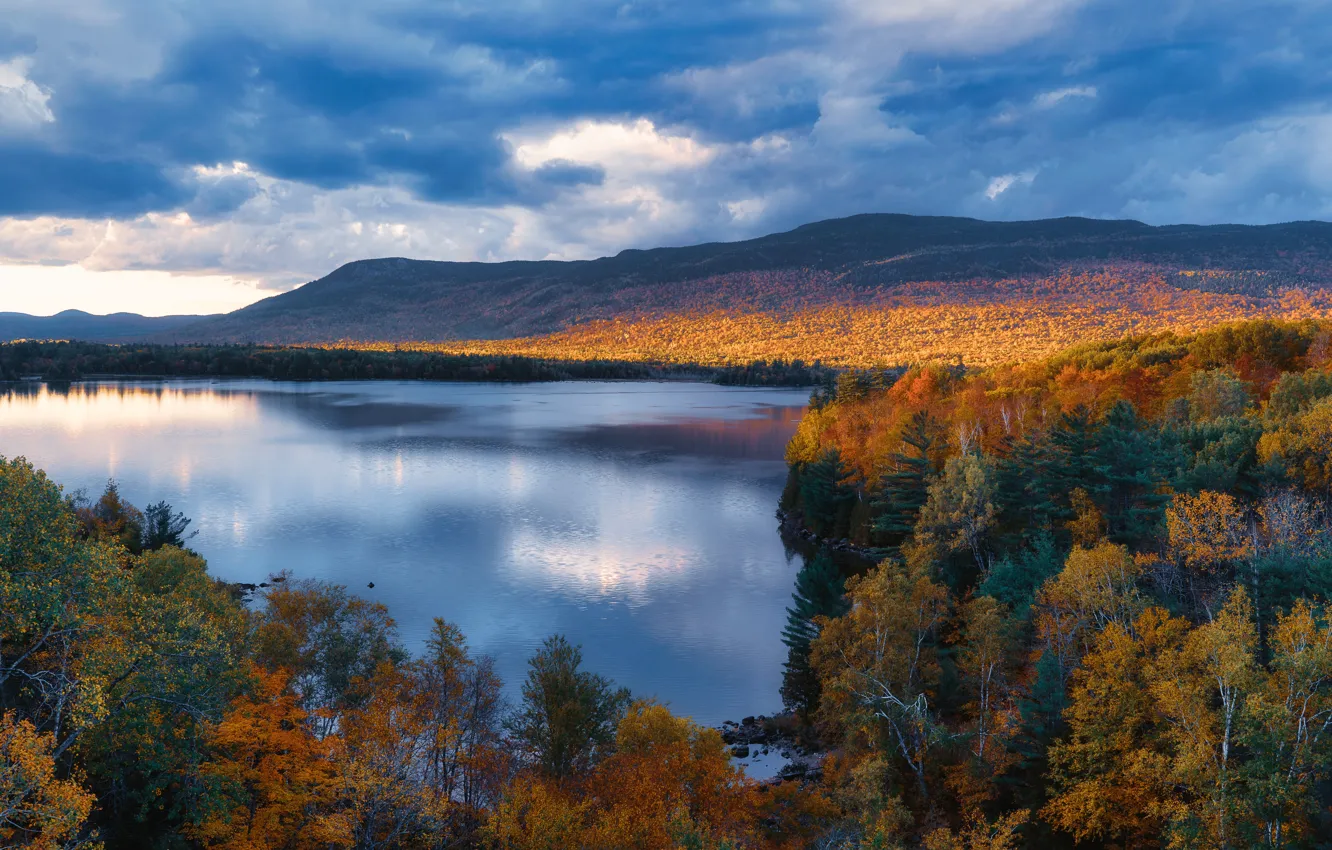 Photo wallpaper autumn, forest, mountains, lake, Maine