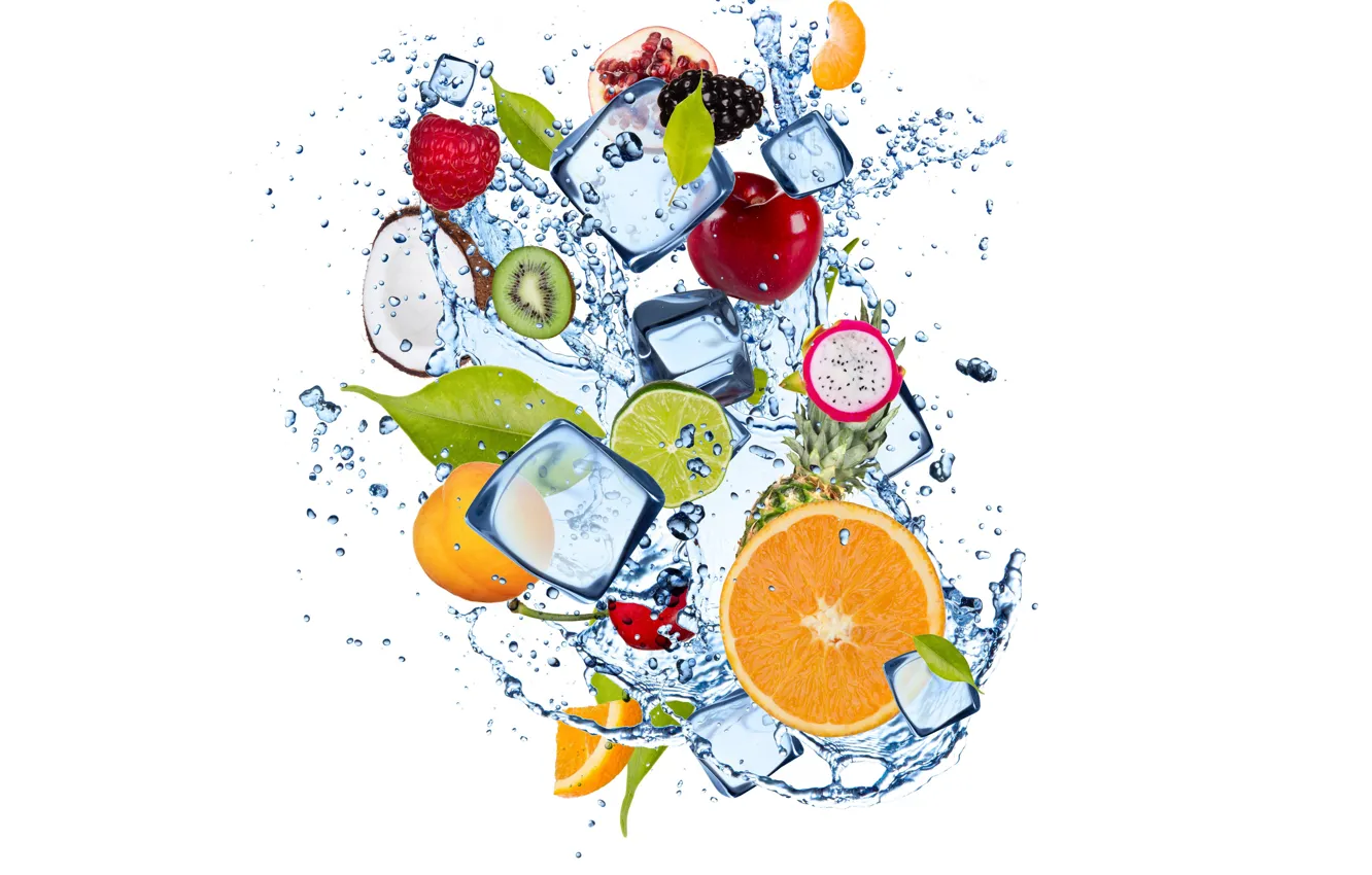 Photo wallpaper ice, water, berries, ice, fruit, leaves, citrus, water