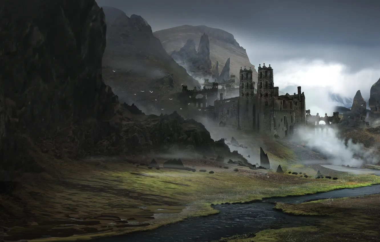 Photo wallpaper fantasy, landscape, mountains, castle, Iceland, Concept Art, Environments, Alejandro Olmedo
