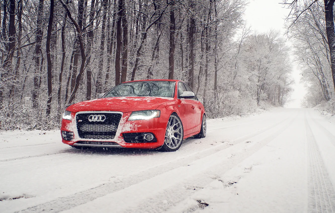 Photo wallpaper winter, snow, Audi, Audi, before, red, red, winter