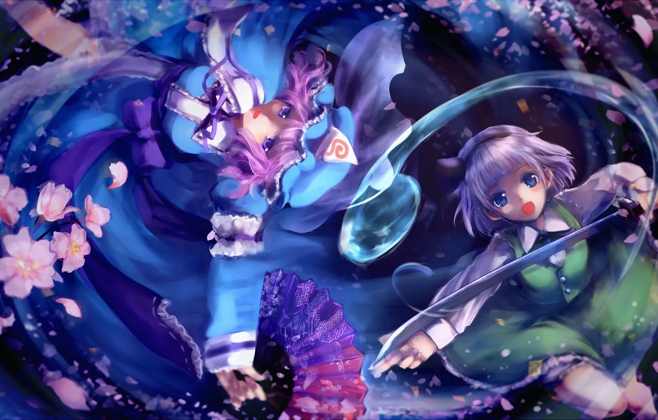 Photo wallpaper girl, sword, katana, petals, Sakura, fan, art, touhou