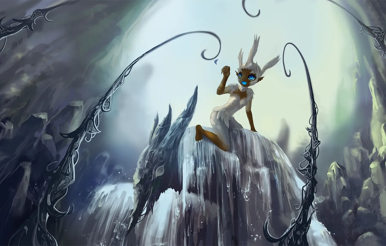 Photo wallpaper rocks, butterfly, waterfall, monster, being, girl