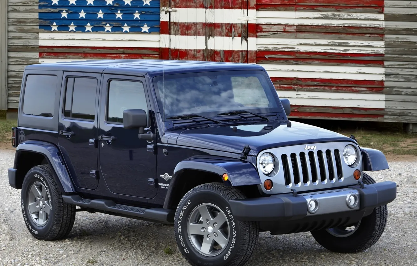 Photo wallpaper jeep, SUV, American flag, freedom, the front, Wrangler, Ringler, Jeep