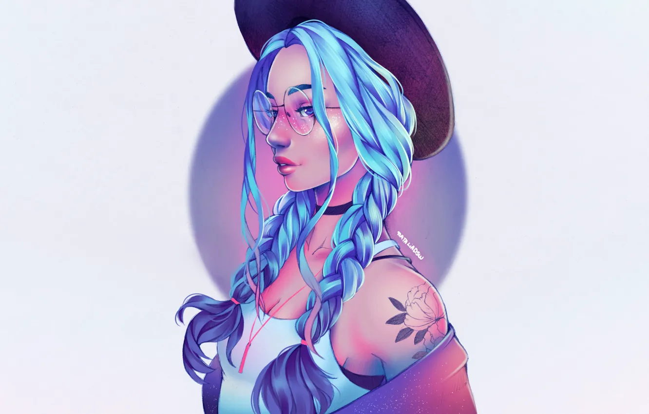 Photo wallpaper girl, face, figure, minimalism, tattoo, art, glasses, braid