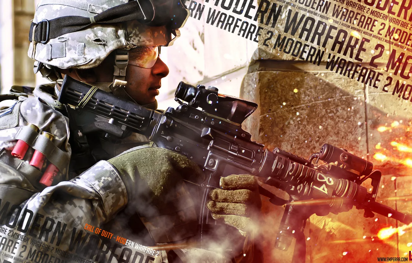 Photo wallpaper soldiers, machine, Call of Duty, Modern Warfare 2, cartridges, ricochet