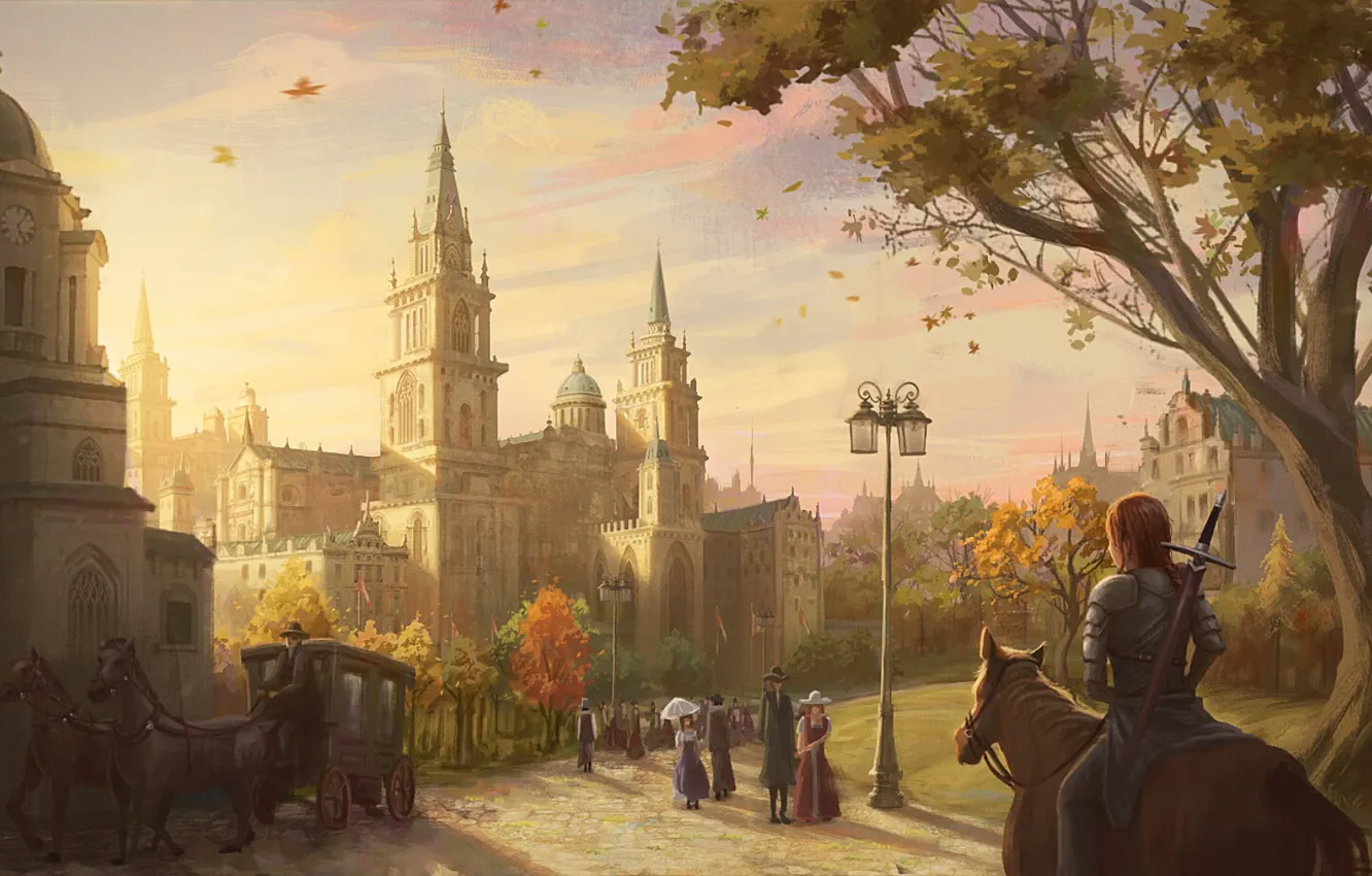 Photo wallpaper city, the city, people, armor, rider, coach, walk, structure