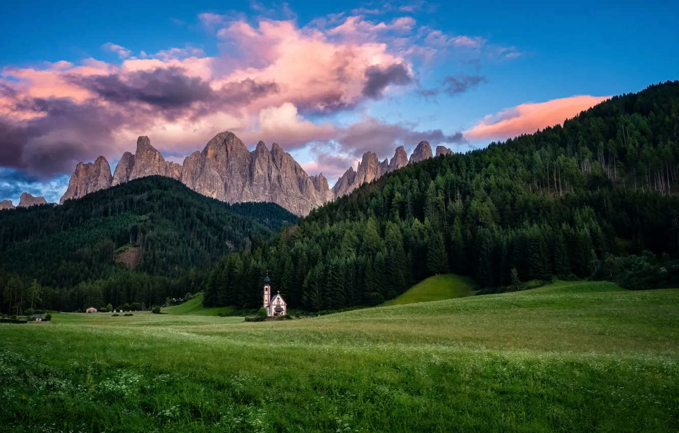 Photo wallpaper forest, mountains, Alps, Church