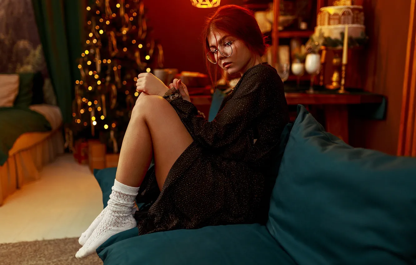 Photo wallpaper girl, room, sofa, holiday, tree, new year, pillow, dress