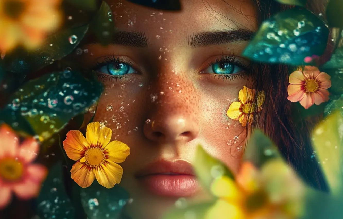Photo wallpaper girl, drops, flowers, AI art, neural network