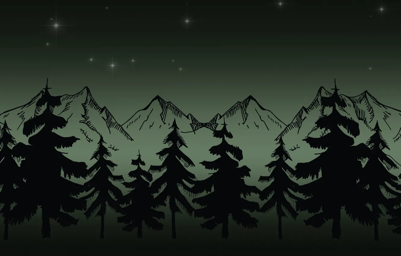 Photo wallpaper mountains, night, cunts, christmas trees are green