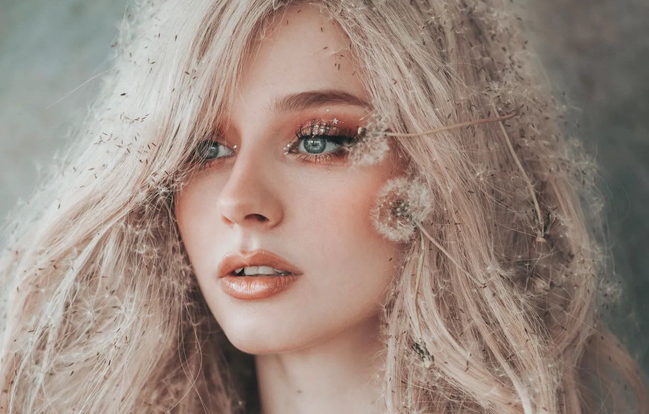 Photo wallpaper face, makeup, dandelions, Jovana Rikala, blonde