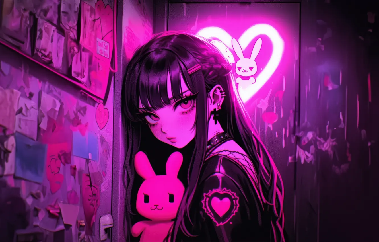Photo wallpaper look, pink, toy, heart, neon, anime, rabbit, Kawaii