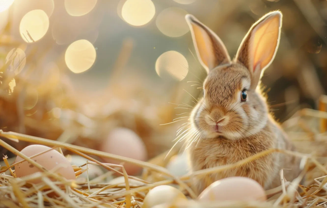 Photo wallpaper holiday, eggs, rabbit, Easter, bokeh, AI art, Easter background, neural network
