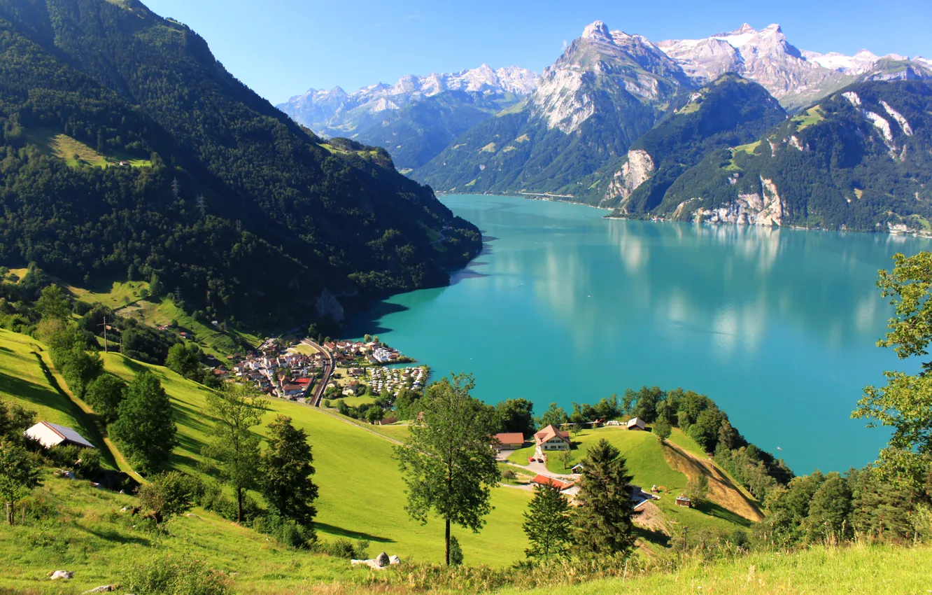 Photo wallpaper mountains, lake, field, home, Switzerland, slope, panorama, meadows