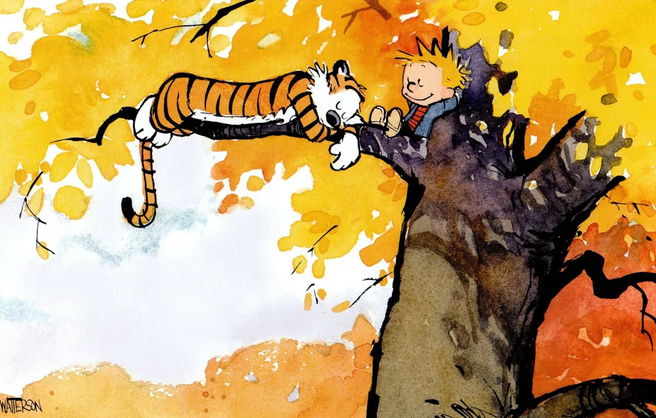 Photo wallpaper tiger, tree, foliage, child, sleep, boy, comic, Calvin and Hobbes