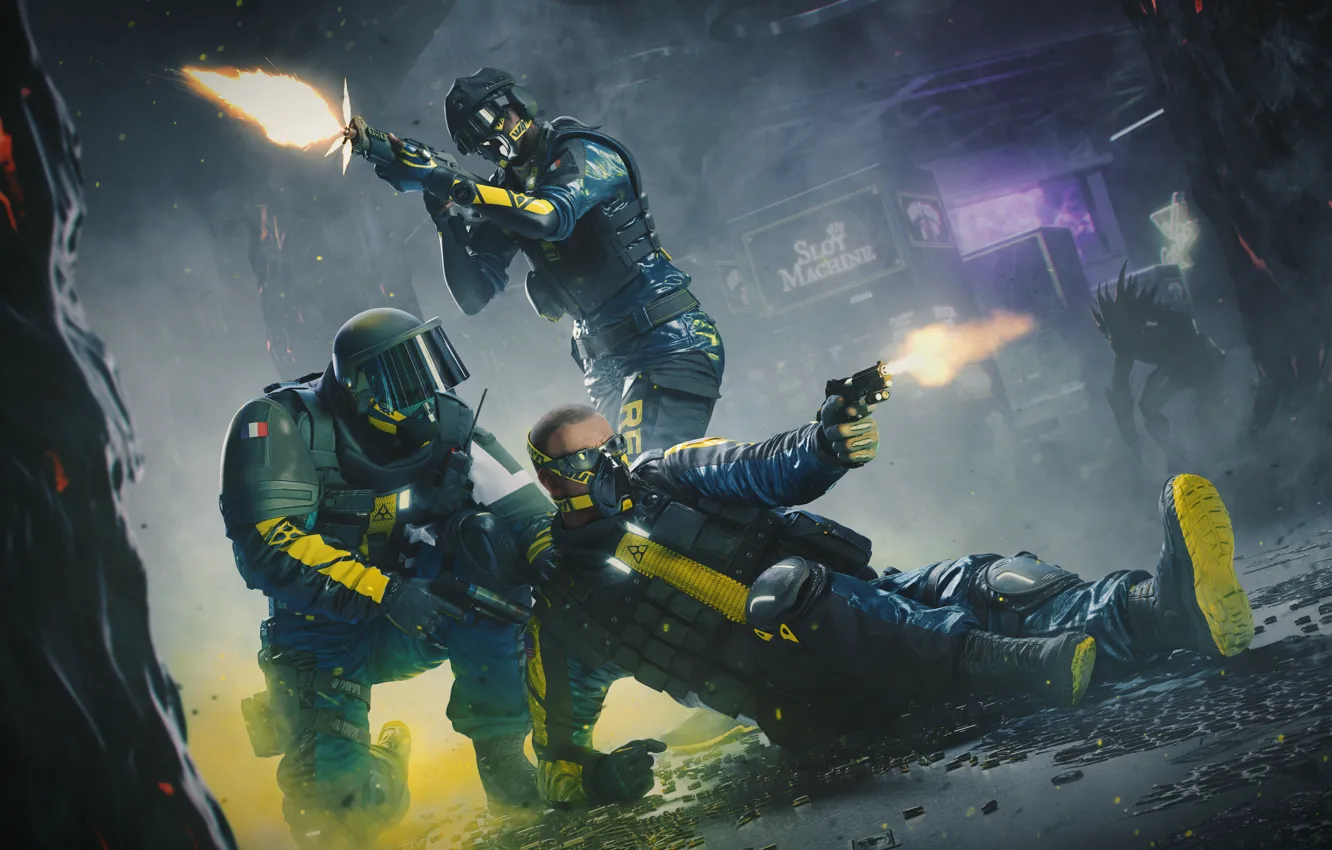 Photo wallpaper gun, weapons, shot, mask, soldiers, machine, helmet, game