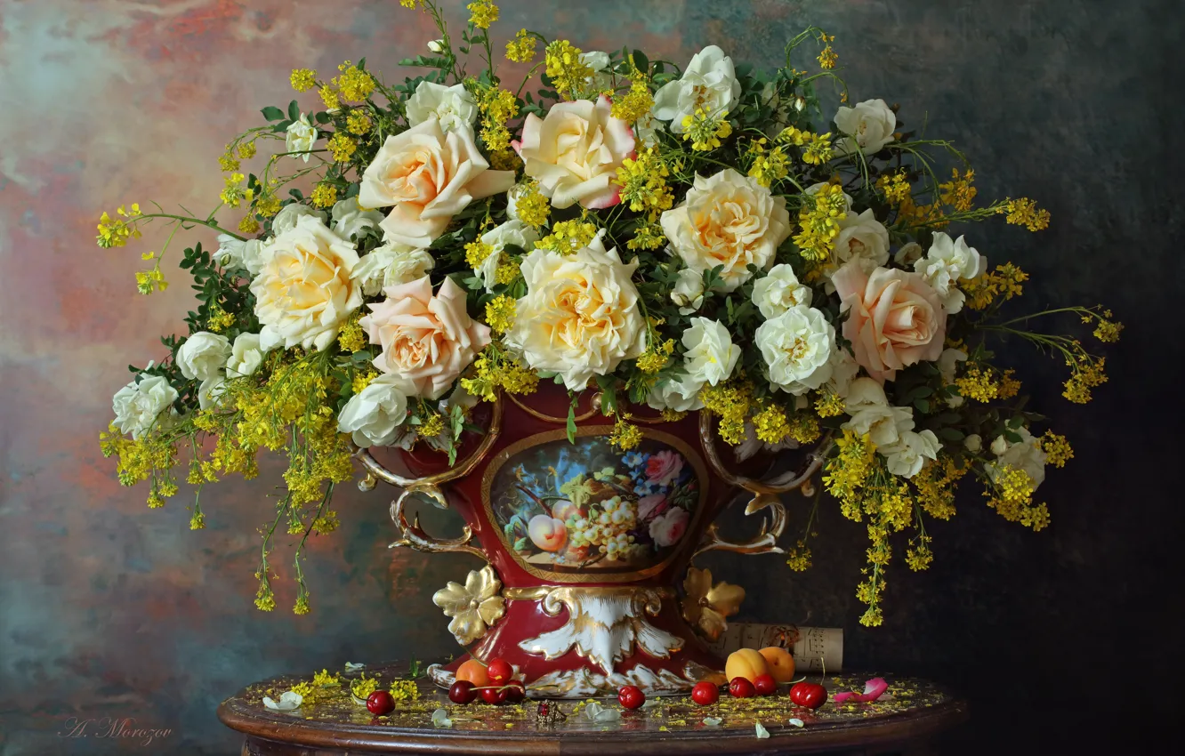 Photo wallpaper flowers, style, roses, bouquet, vase, still life, Andrey Morozov