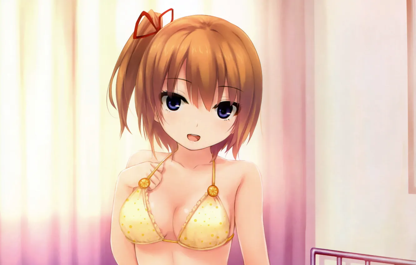 Photo wallpaper girl, sexy, cleavage, boobs, anime, beautiful, short hair, purple eyes