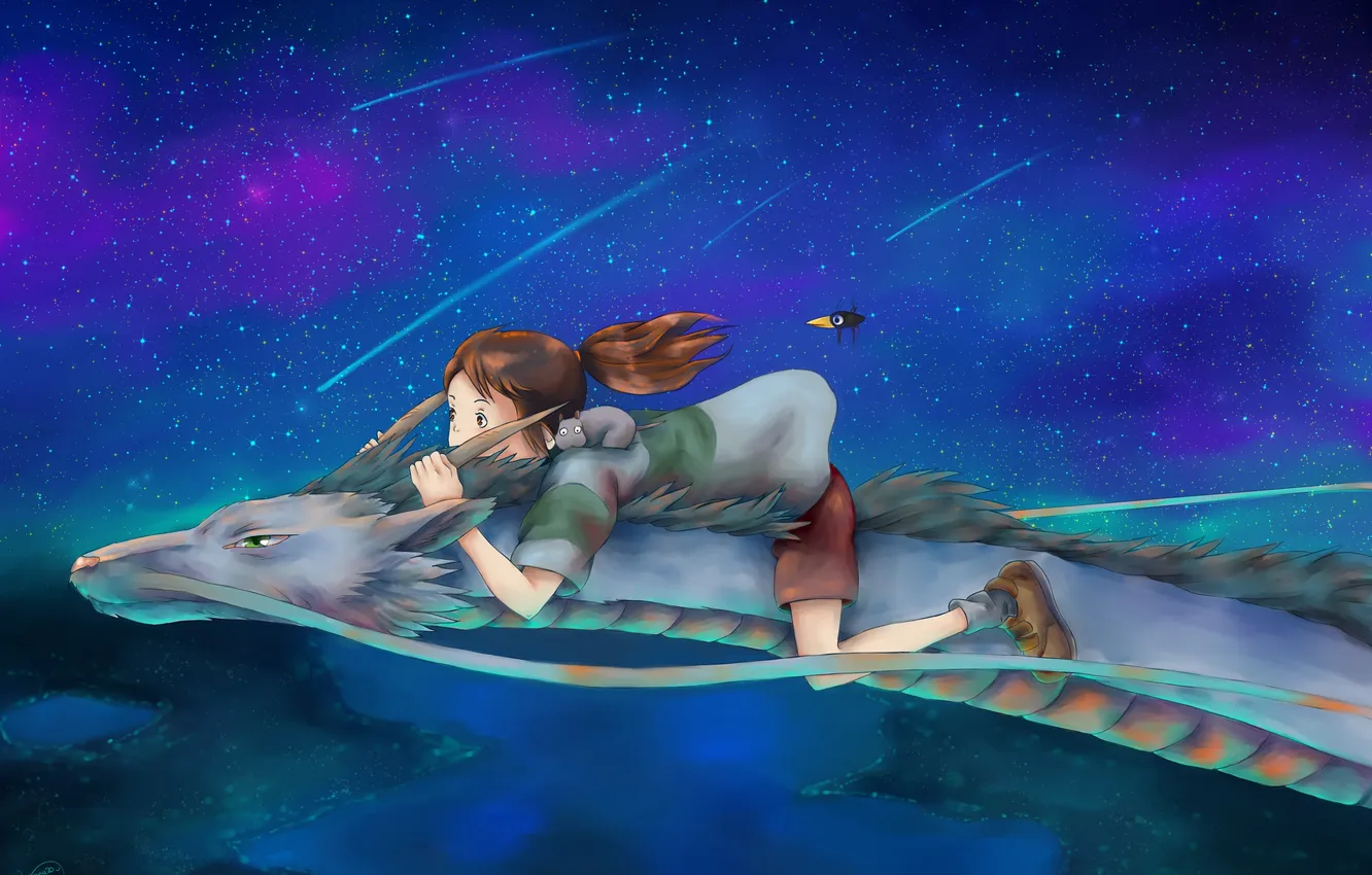 Photo wallpaper flight, night, bird, dragon, hamster, art, girl, Hayao Miyazaki