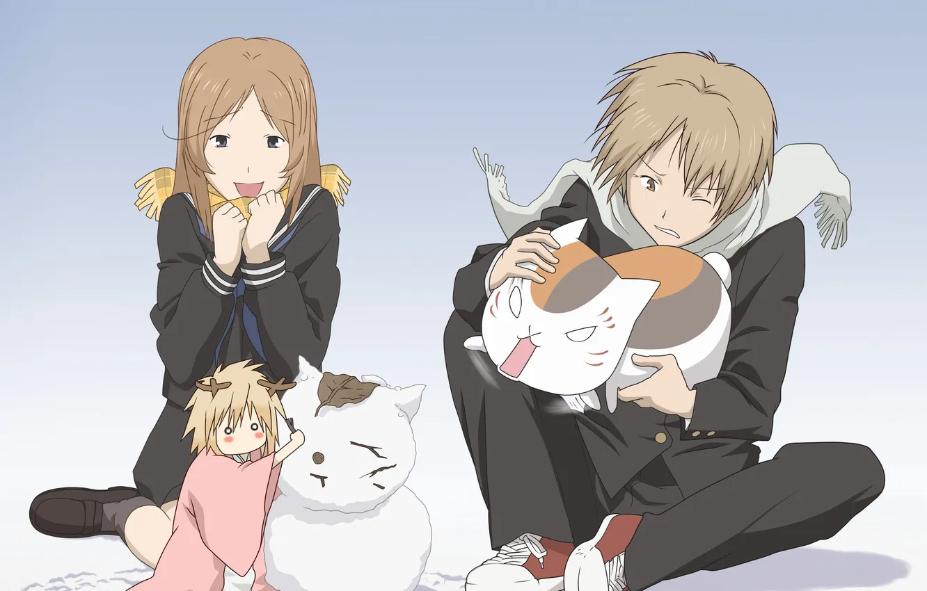 Photo wallpaper cat, girl, anime, art, snowman, guy, madara, natsume yuujinchou