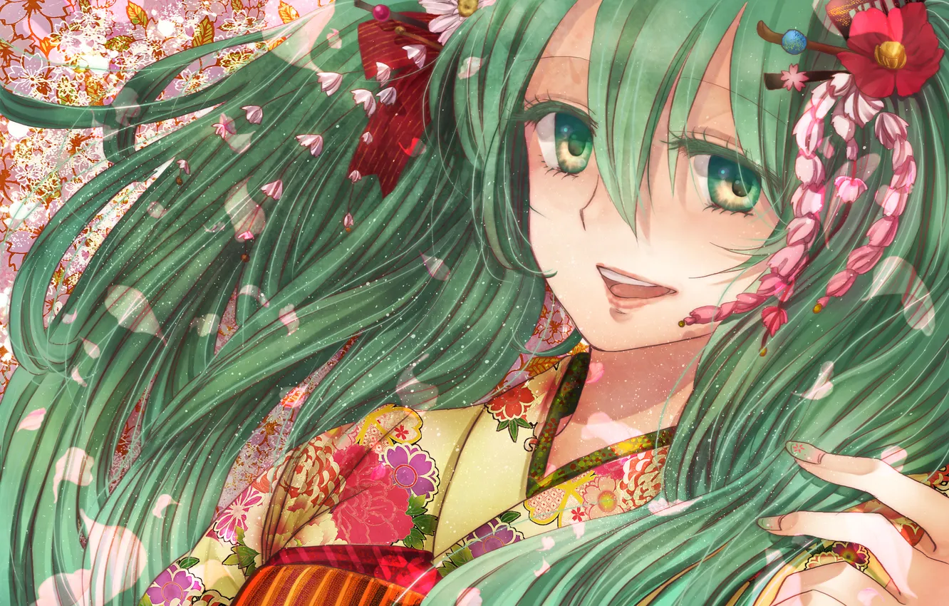 Photo wallpaper girl, flowers, art, kimono, Hatsune Miku, Vocaloid, Vocaloid